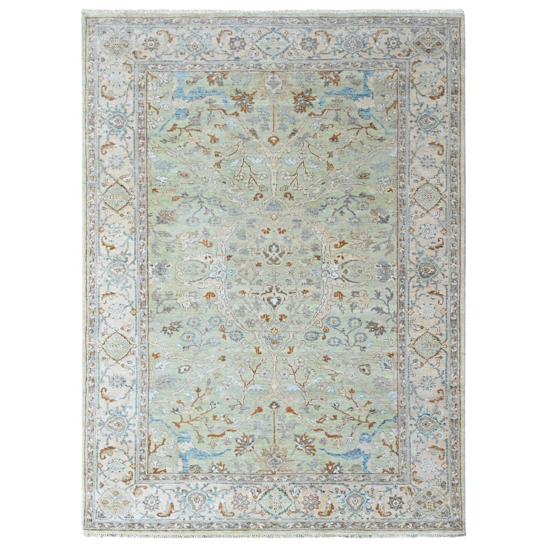 6'2"x9' Pistachio Green, Oushak with Floral Motifs, Hand Knotted, Pure Wool, Soft Pile, Denser Weave, Oriental Rug 
